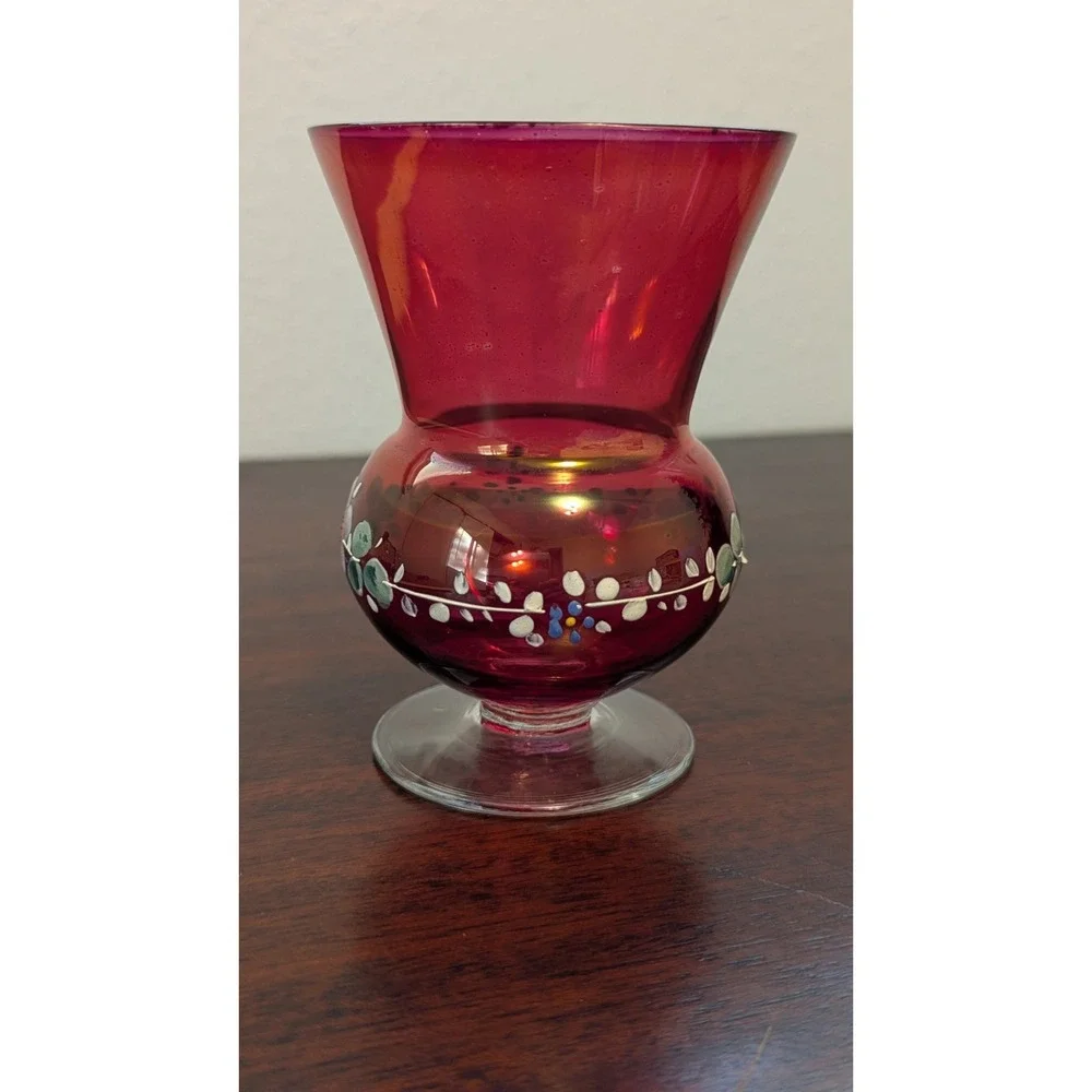 Vintage Ruby Red Glass Hand Painted Floral Vase Goblet Enamel Daisy 5in Small
